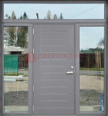 Серая стальная дверь с панелью МДФ и стеклянными фрамугами ДФГ-28 во Владимире