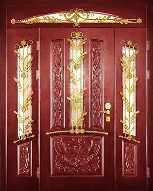 Бордовая железная парадная дверь со стеклом и ковкой ДПР-75 во Владимире