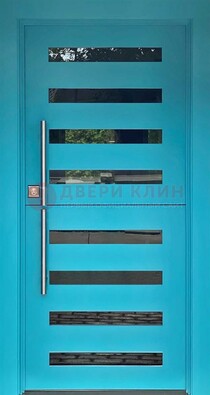 Голубая уличная дверь с МДФ панелью и стеклом ДС-51 во Владимире