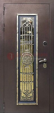 Железная дверь цвета медный антик со стеклом и ковкой ДСК-105 в Ставрополе