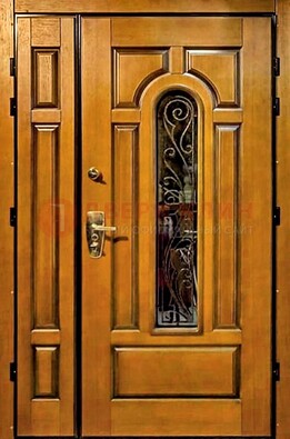 Распашная металлическая дверь со стеклом и ковкой для дома ДСК-152 во Владимире
