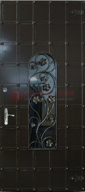 Высокая железная дверь со стеклом и ковкой ДСК-15 в Орехово-Зуево