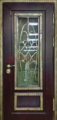 Темная уличная дверь порошок со стеклом и ковкой ДСК-167 во Владимире