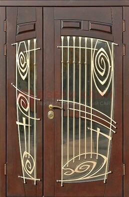Коричневая железная дверь с большим стеклом и ковкой ДСК-203 во Владимире