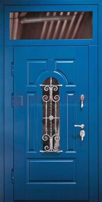 Синяя железная филенчатая дверь со стеклом и ковкой ДСК-97 во Владимире