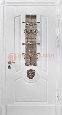 Белая металлическая дверь с виноритом и стеклом с ковкой ДВТ-165 во Владимире