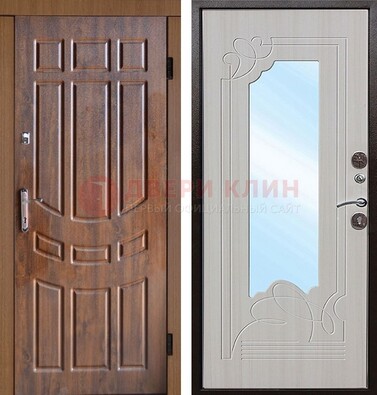 Коричневая уличная дверь c виноритом и терморазрывом МДФ Беленый дуб  с зеркалом ДЗ-97 во Владимире