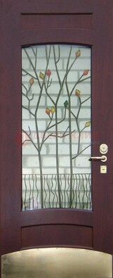 Бордовая стальная дверь с витражом и декоративным элементом ВЖ-3 во Владимире